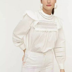 J. Crew White Ruffle Lace Yoke Long-Sleeve Blouse